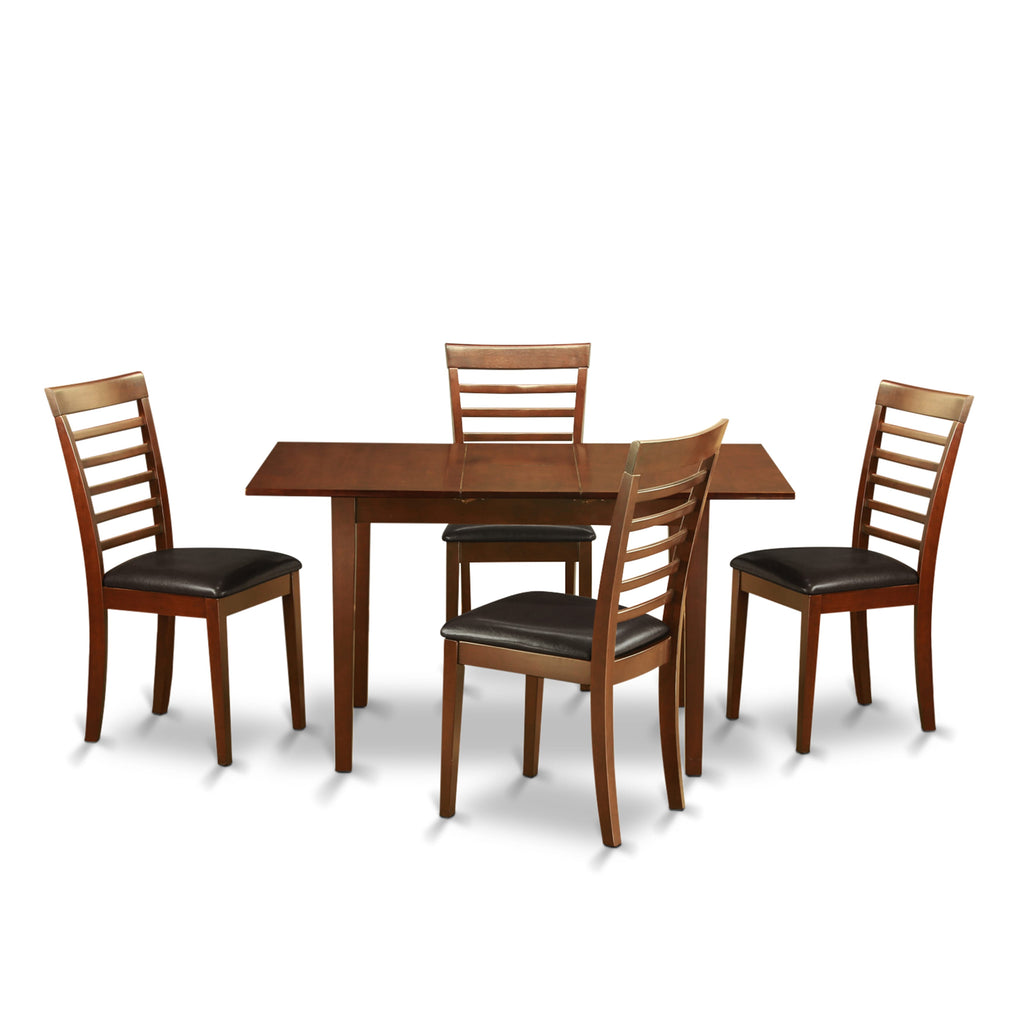 Elegant NOML5-BD8-MR 5-Piece Dining Ensemble with Butterfly Extension Table & 4 Faux Leather Seats, 32x54 Mahogany