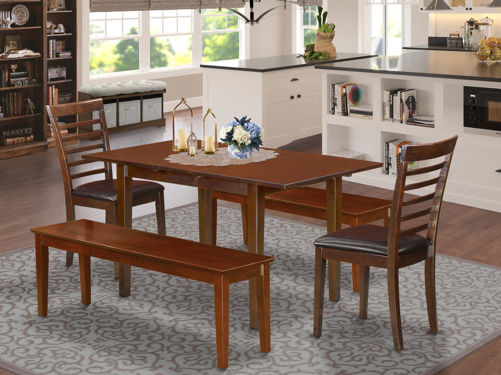 NOML5G-0Q4-W6 Classic Mahogany Dining Set - Expandable Table with Chairs and Benches, Faux Leather Upholstery