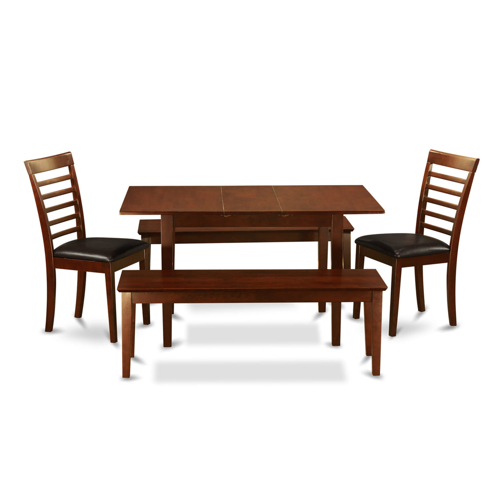 NOML5G-0Q4-W6 Classic Mahogany Dining Set - Expandable Table with Chairs and Benches, Faux Leather Upholstery