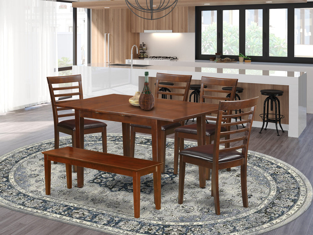 NOML6R-PKK-7K Mahogany Dining Set - Table with Leaf, Four Faux Leather Seats & Bench Included