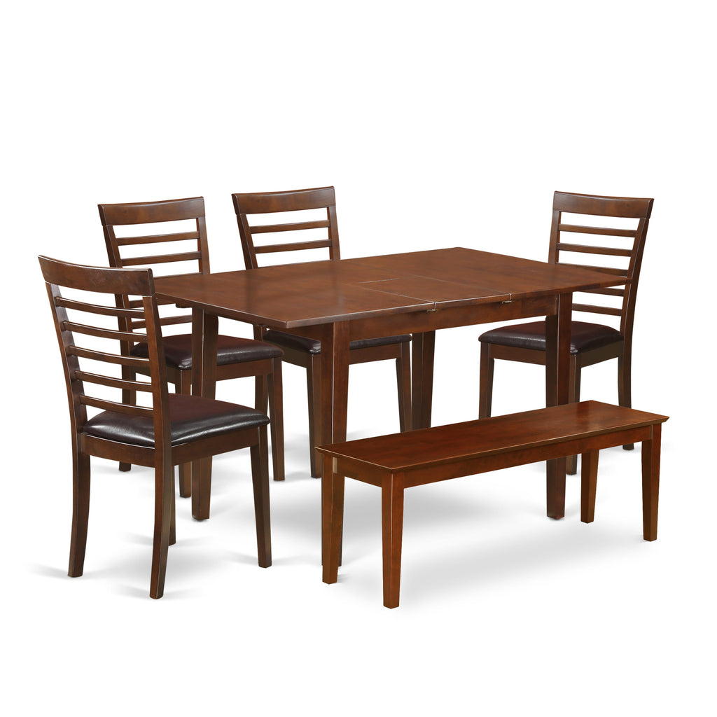 NOML6R-PKK-7K Mahogany Dining Set - Table with Leaf, Four Faux Leather Seats & Bench Included