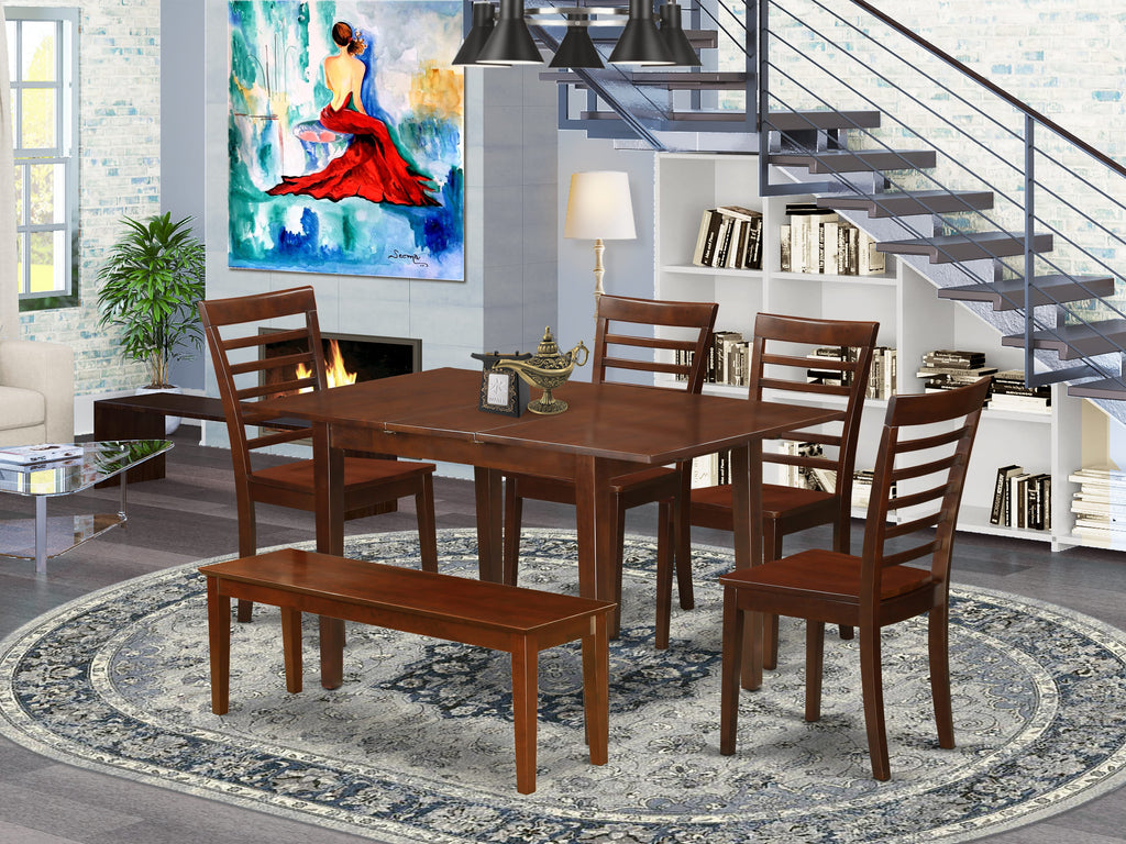 NOML6Y-KHA-I 6-Piece Dining Set with Rectangle Table, Butterfly Leaf, Bench and 4 Chairs in Rich Mahogany Finish
