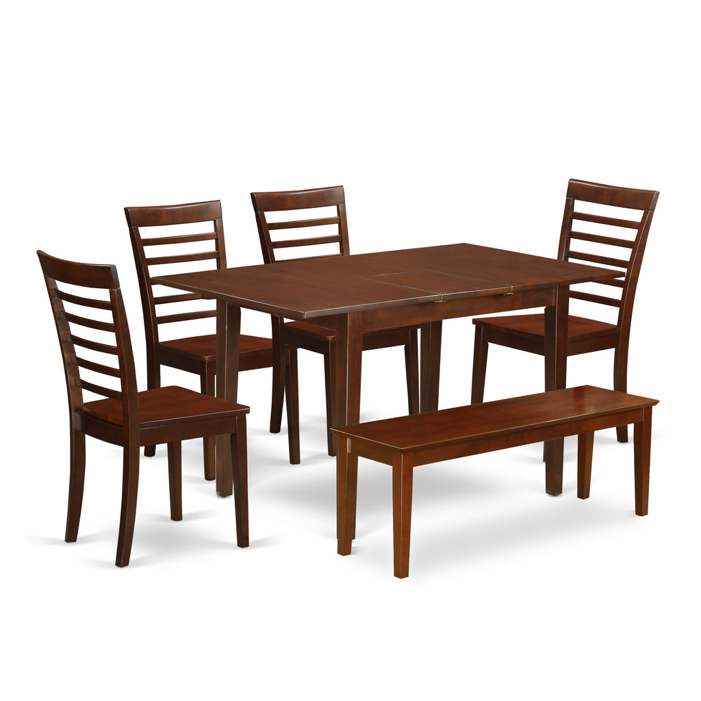 NOML6Y-KHA-I 6-Piece Dining Set with Rectangle Table, Butterfly Leaf, Bench and 4 Chairs in Rich Mahogany Finish