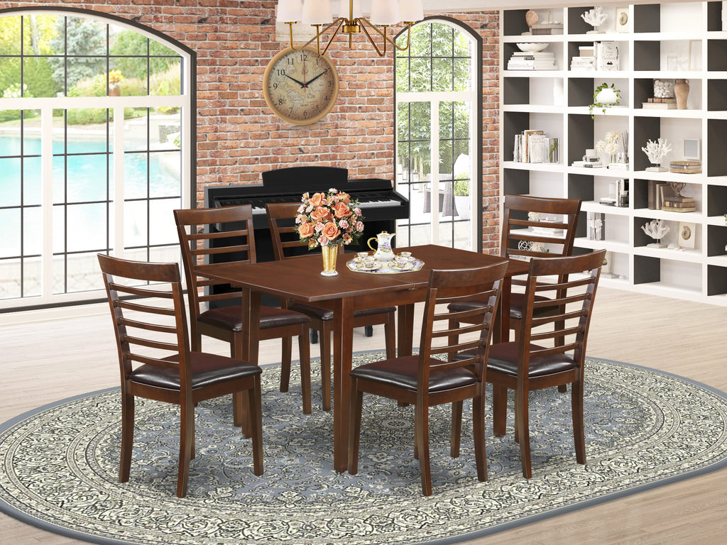 NOML7-QGM-CC Mahogany Ensemble 7-Piece Dining Suite with Expanding Leaf and Upholstered Seating, 32x54 Inches