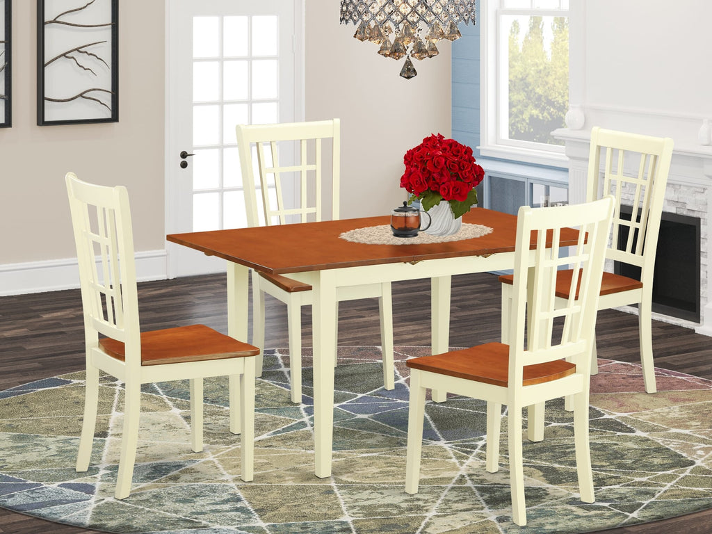 NONI5-TDN-F 5 Piece Dining Set with Expanding Leaf, Rectangle Table and 4 Chairs, Buttermilk & Cherry Finish