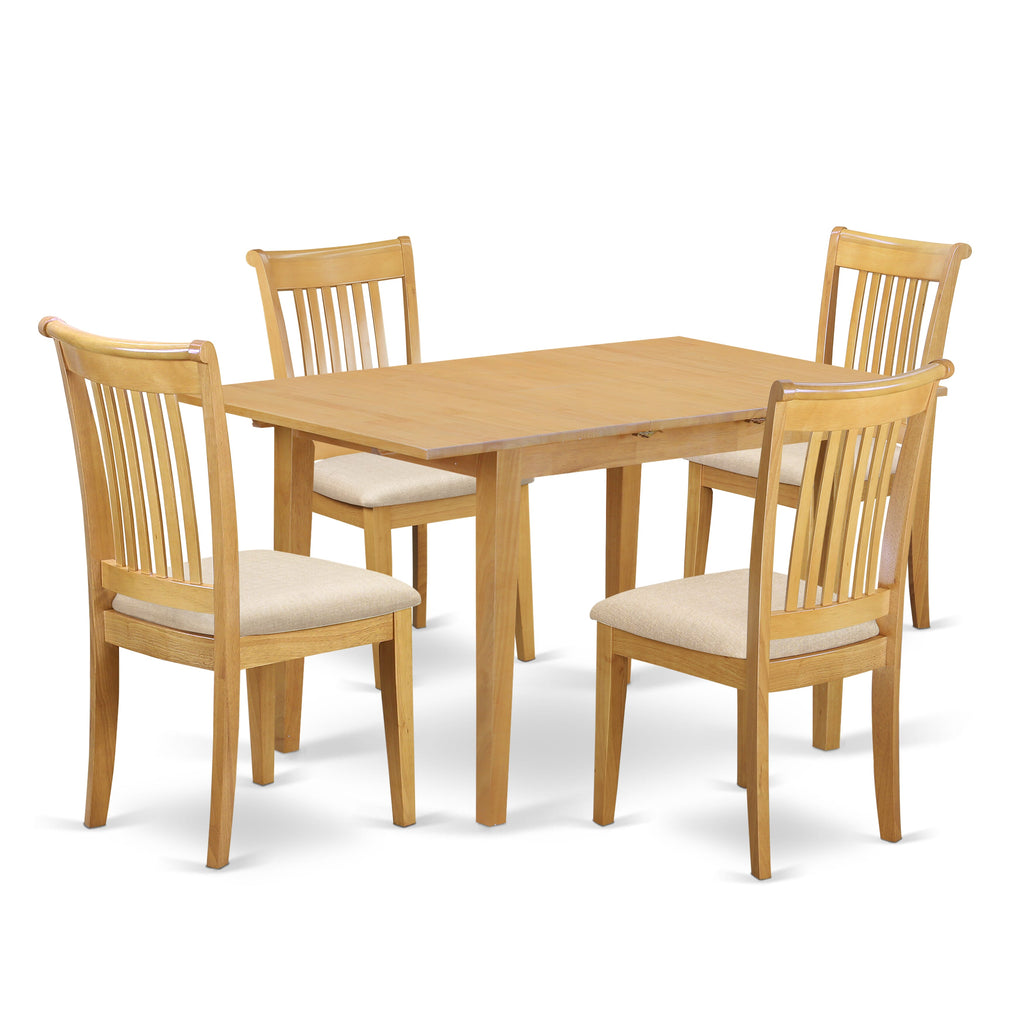 Dining Ensemble NOPO5-D95-T 5-Piece Butterfly Leaf Table with Linen Seating, 32x54, Oak Finish