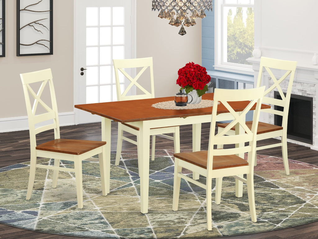 NOQU5-NJZ-K  Five-Piece Dining Set with Expanding Table and Four Wooden Chairs, 32x54 Inches, Cream & Cherry
