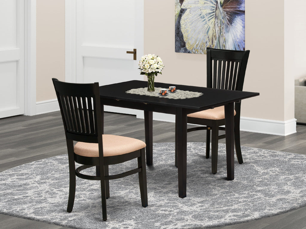 NOVA3-9H7-Z 3-Piece Dining Set Rectangular Table w/ Butterfly Leaf & 2 Upholstered Chairs, Black