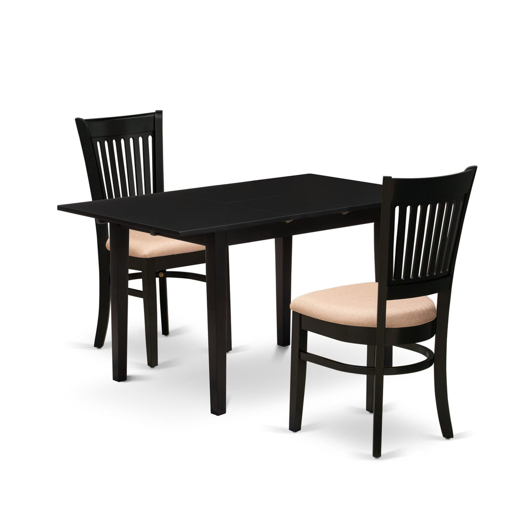 NOVA3-9H7-Z 3-Piece Dining Set Rectangular Table w/ Butterfly Leaf & 2 Upholstered Chairs, Black