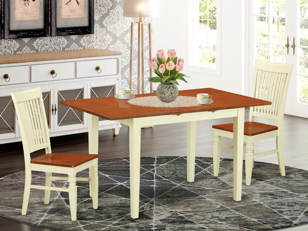 3-Piece Dining Set NOWE3-2AI-1 Rectangle Table w/ Butterfly Leaf & 2 Wooden Seat Chairs, Buttermilk and Cherry, 32x54