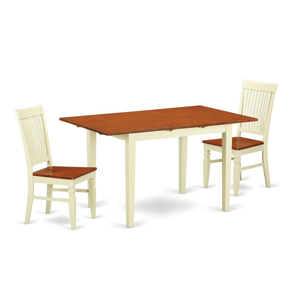 3-Piece Dining Set NOWE3-2AI-1 Rectangle Table w/ Butterfly Leaf & 2 Wooden Seat Chairs, Buttermilk and Cherry, 32x54