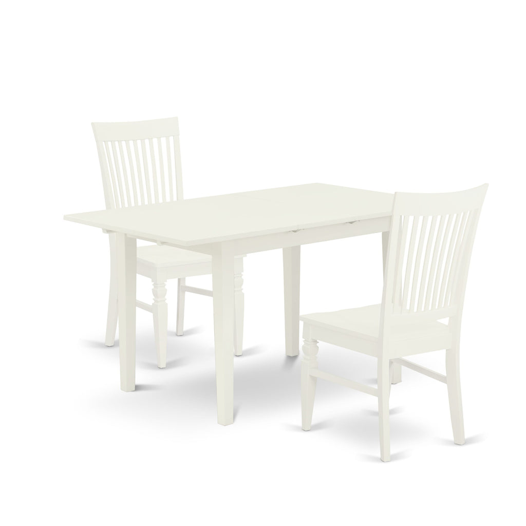 NOWE3-LUB-4 Dining Ensemble for Compact Areas Table with Expandable Section & Two Chairs, Linen White Finish, 32x54