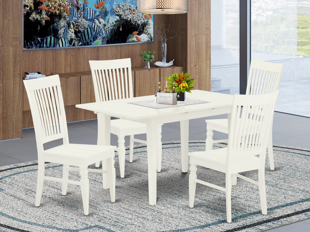 NOWE5-U68-U 5 Piece Dining Ensemble with Rectangle Table and Butterfly Leaf Plus 4 Chairs - Linen White Finish