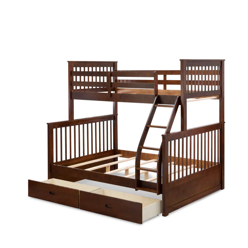 ODB-03-IQ wooden dual-split bed set with ladder guard rails and storage drawers, Twin/Full Size Bunk, Walnut