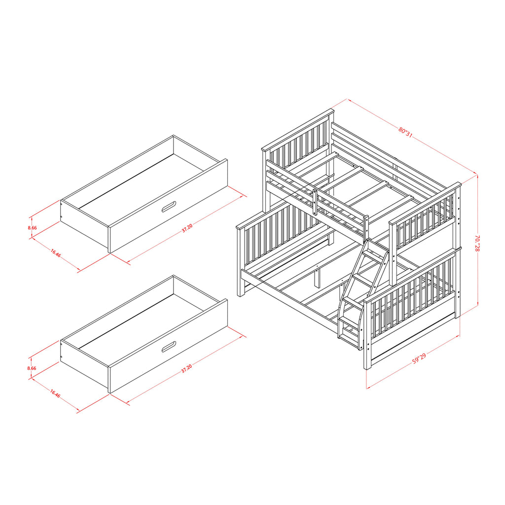 Transformable Twin/Full Bunk Bed - ODB-0Z-ZF - Safety Rails, Steps, Storage, White Finish