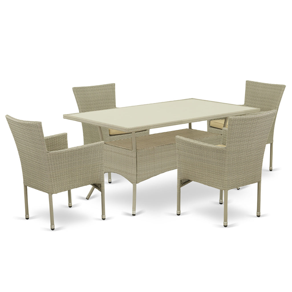 OSBK5-MGF Wicker Patio Set 5-Piece Ensemble with Rectangle Glass-Topped Table & 4 Cushioned Armchairs, Linen Finish