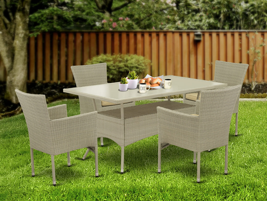 OSBK5-MGF Wicker Patio Set 5-Piece Ensemble with Rectangle Glass-Topped Table & 4 Cushioned Armchairs, Linen Finish