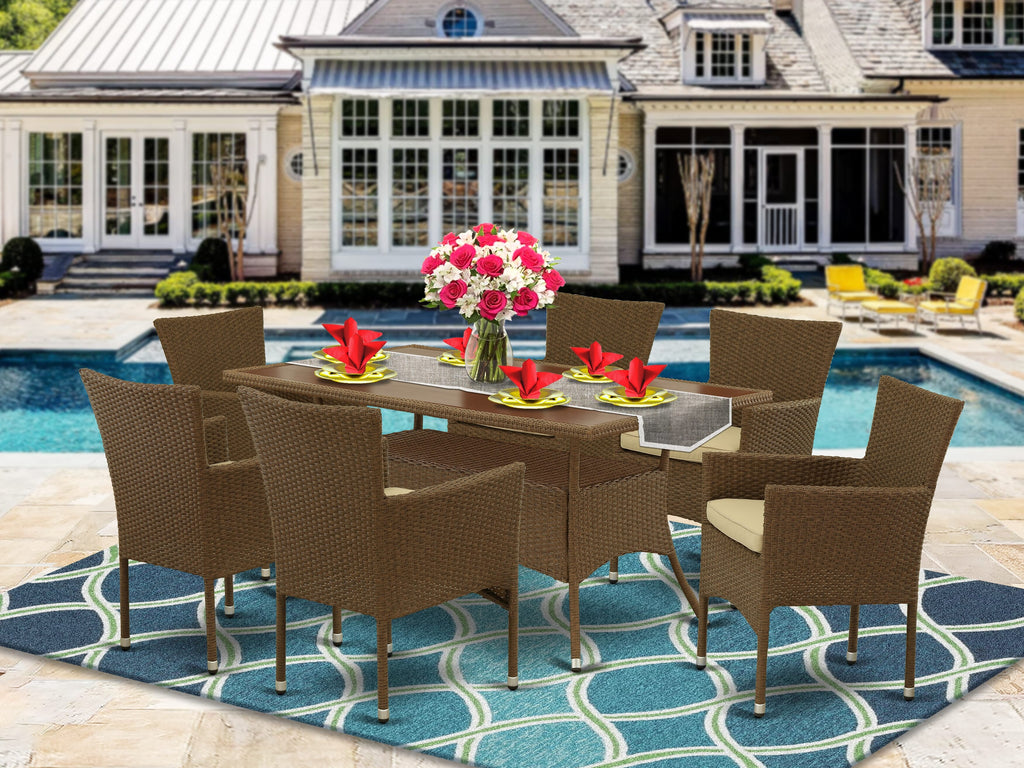 OSBK7-SP8 Stylish 7-Piece Patio Set - Glass Top Table & 6 Cozy Armchairs with Cushions, Brown Elegance