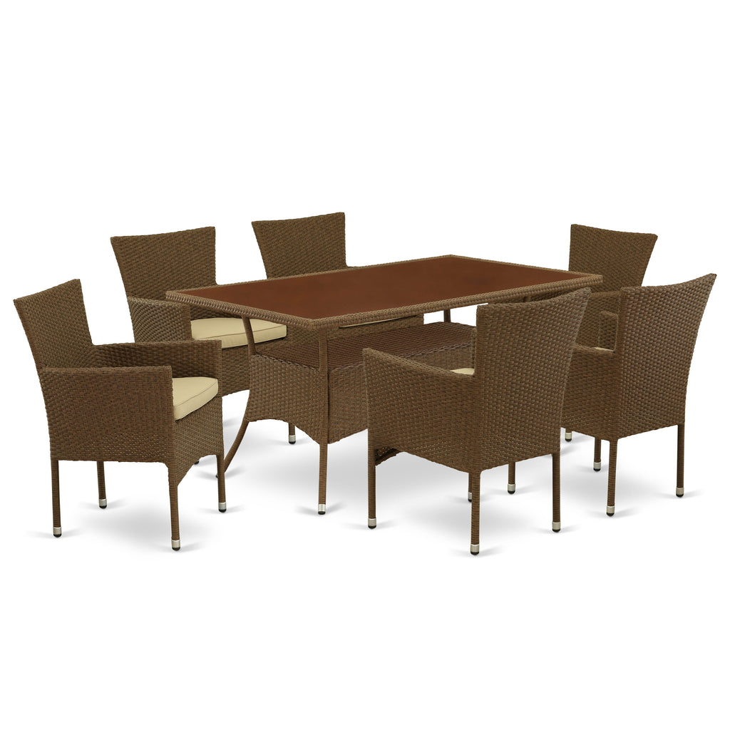 OSBK7-SP8 Stylish 7-Piece Patio Set - Glass Top Table & 6 Cozy Armchairs with Cushions, Brown Elegance