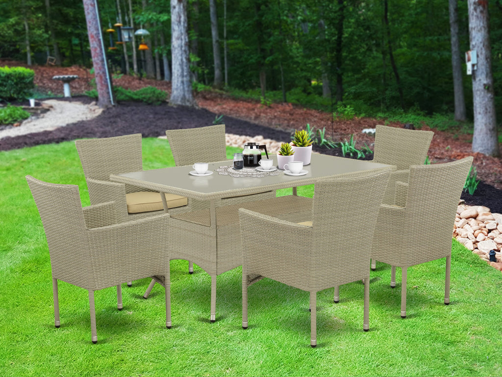OSBK7-JQ4 Seven-Piece Wicker Outdoor Dining Array with Glass-Top Table and Six Cushioned Armchairs, Linen Finish