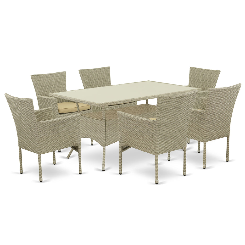OSBK7-JQ4 Seven-Piece Wicker Outdoor Dining Array with Glass-Top Table and Six Cushioned Armchairs, Linen Finish