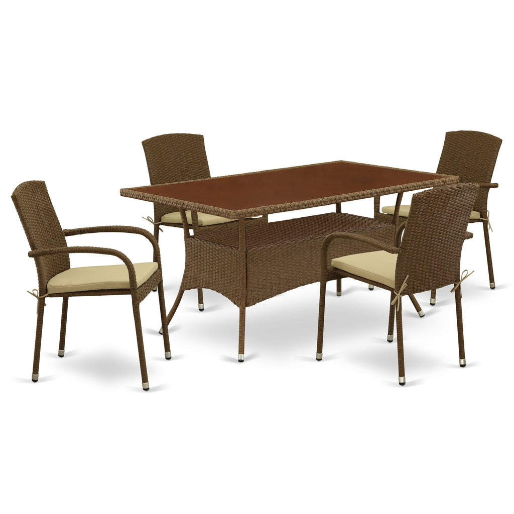 OSJU5-CZD 5-Piece Wicker Patio Bistro Set Glass-Top Rectangle Table & Cushioned Balcony Chairs Outdoor Dining Ensemble