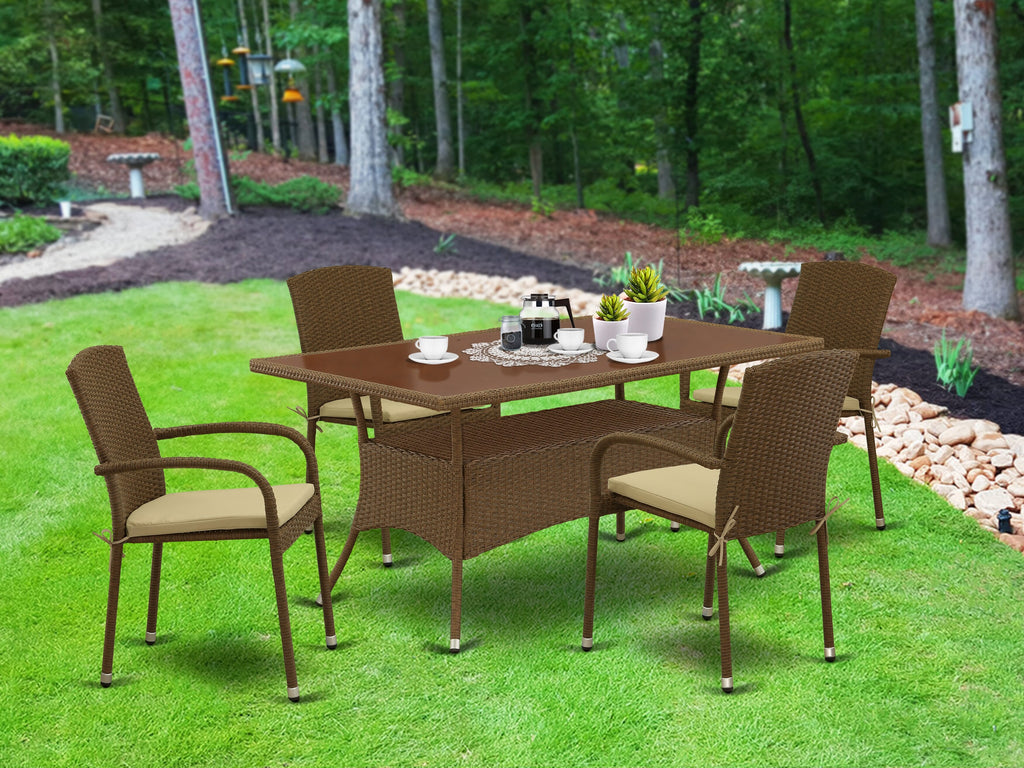 OSJU5-CZD 5-Piece Wicker Patio Bistro Set Glass-Top Rectangle Table & Cushioned Balcony Chairs Outdoor Dining Ensemble