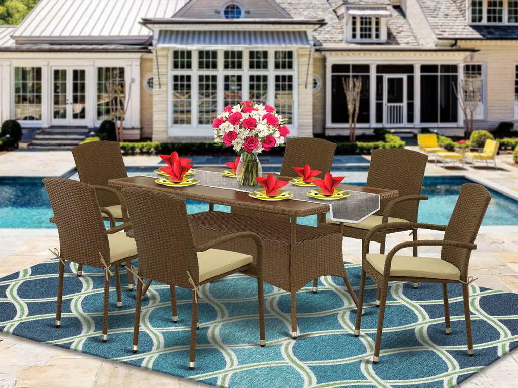 OSJU7-FB7 7-Piece Outdoor Wicker Patio Set Rectangle Glass-Top Table and 6 Cushioned Armchairs, 36x60 Inch Brown