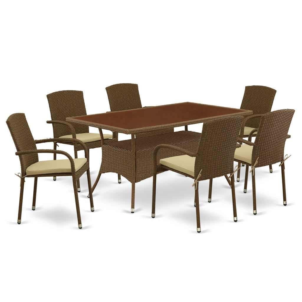 OSJU7-FB7 7-Piece Outdoor Wicker Patio Set Rectangle Glass-Top Table and 6 Cushioned Armchairs, 36x60 Inch Brown