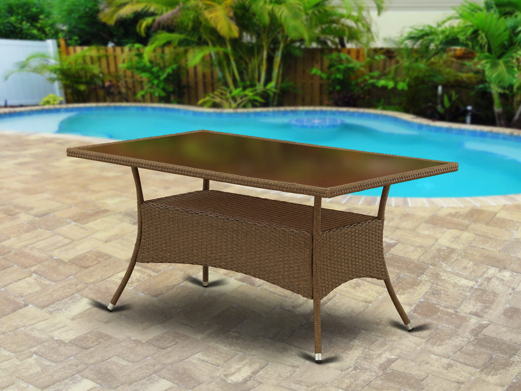 OSLTG82 Elegant Outdoor Wicker Dining Table - Solid Rectangular Design with Glossy Glass Top, 36x60 in Brown
