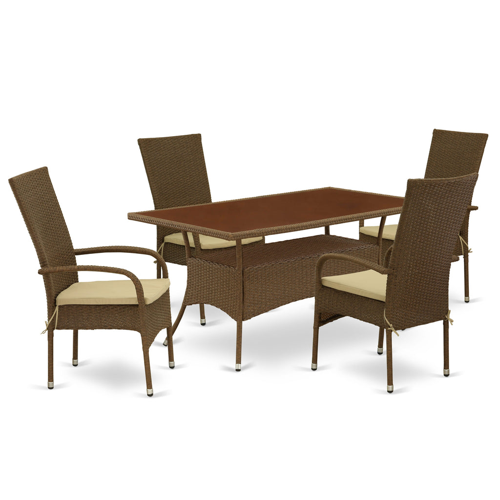 OSOS5-T17 5-Piece Outdoor Chat Set Glass Top Table & Cushioned Balcony Chairs, 36x60 Inch
