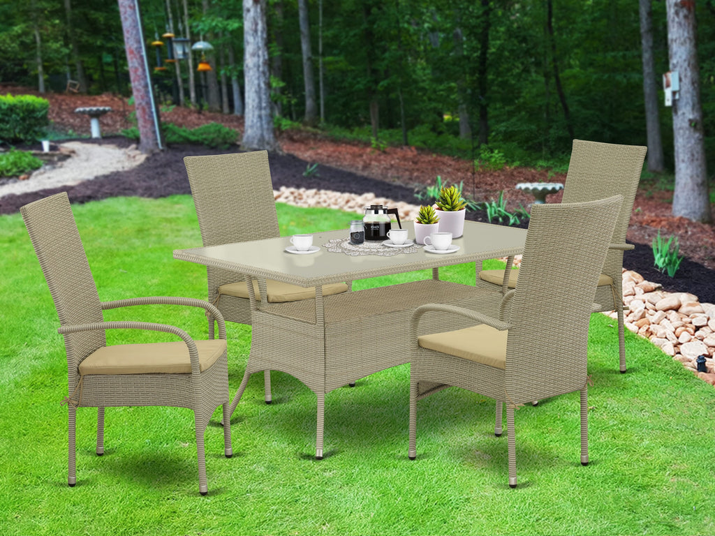 OSOS5-LLE Deluxe 5-Piece Patio Retreat Set with Rectangular Glass-Top Table and Plush-Seat Outdoor Chairs, Natural Linen Elegance