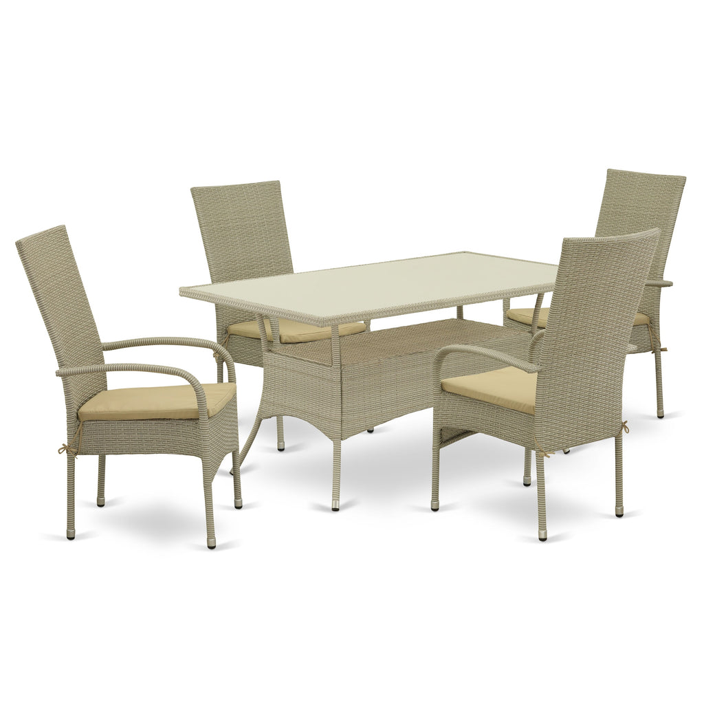OSOS5-LLE Deluxe 5-Piece Patio Retreat Set with Rectangular Glass-Top Table and Plush-Seat Outdoor Chairs, Natural Linen Elegance