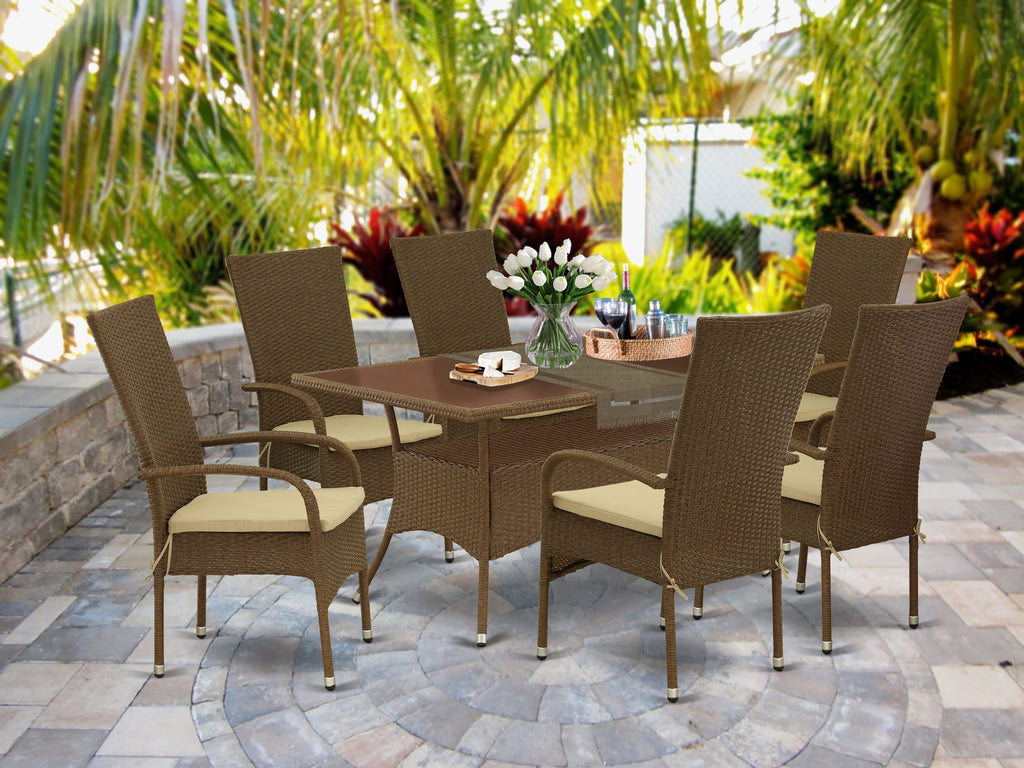 OSOS7-1YE 7 Piece Brown Patio Ensemble Rectangle Outdoor Table & Glass Surface with 6 Cushioned Balcony Chairs