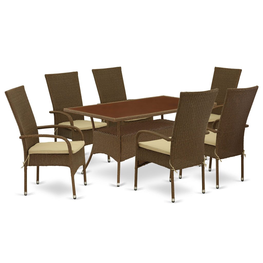 OSOS7-1YE 7 Piece Brown Patio Ensemble Rectangle Outdoor Table & Glass Surface with 6 Cushioned Balcony Chairs