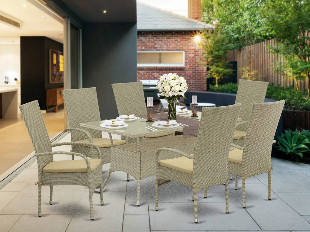 OSOS7-48E 7-Piece Wicker Patio Dining Set Rectangle Glass Table & 6 Cushioned Armchairs, Linen