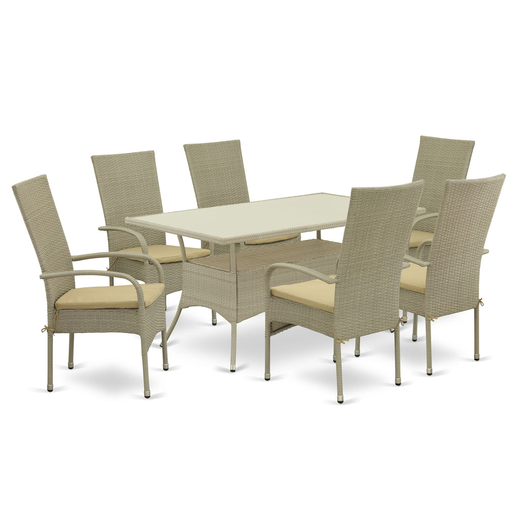 OSOS7-48E 7-Piece Wicker Patio Dining Set Rectangle Glass Table & 6 Cushioned Armchairs, Linen