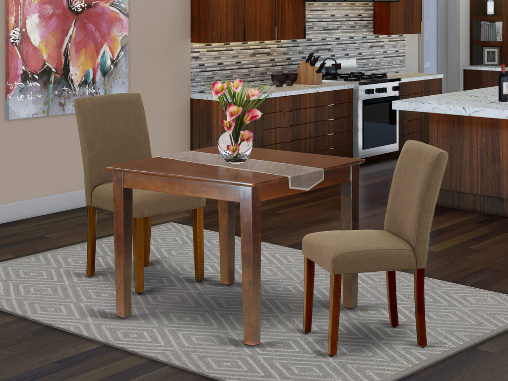 OXAB3-A10-EG Small Space Dining Set Square Table with 2 Coffee Fabric Chairs, Mahogany Finish