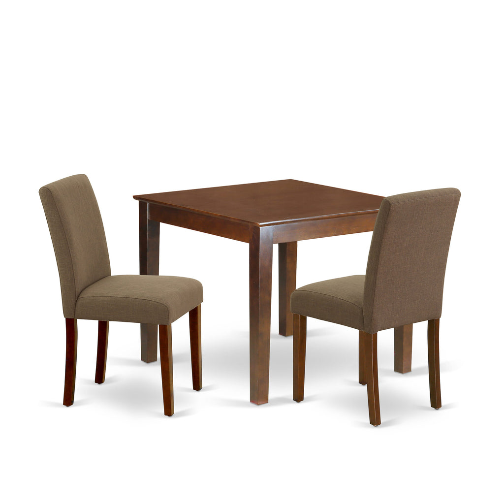 OXAB3-A10-EG Small Space Dining Set Square Table with 2 Coffee Fabric Chairs, Mahogany Finish