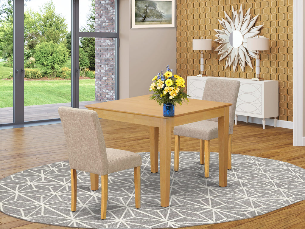 Compact 3-Piece Dining Set OXAB3-2YD-7F Square Oak Table with Two Light Tan Linen Parsons Chairs, Perfect for Cozy Spaces