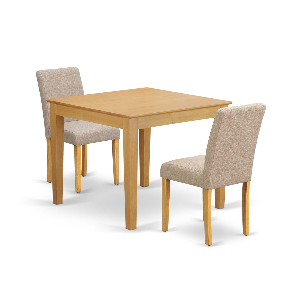 Compact 3-Piece Dining Set OXAB3-2YD-7F Square Oak Table with Two Light Tan Linen Parsons Chairs, Perfect for Cozy Spaces