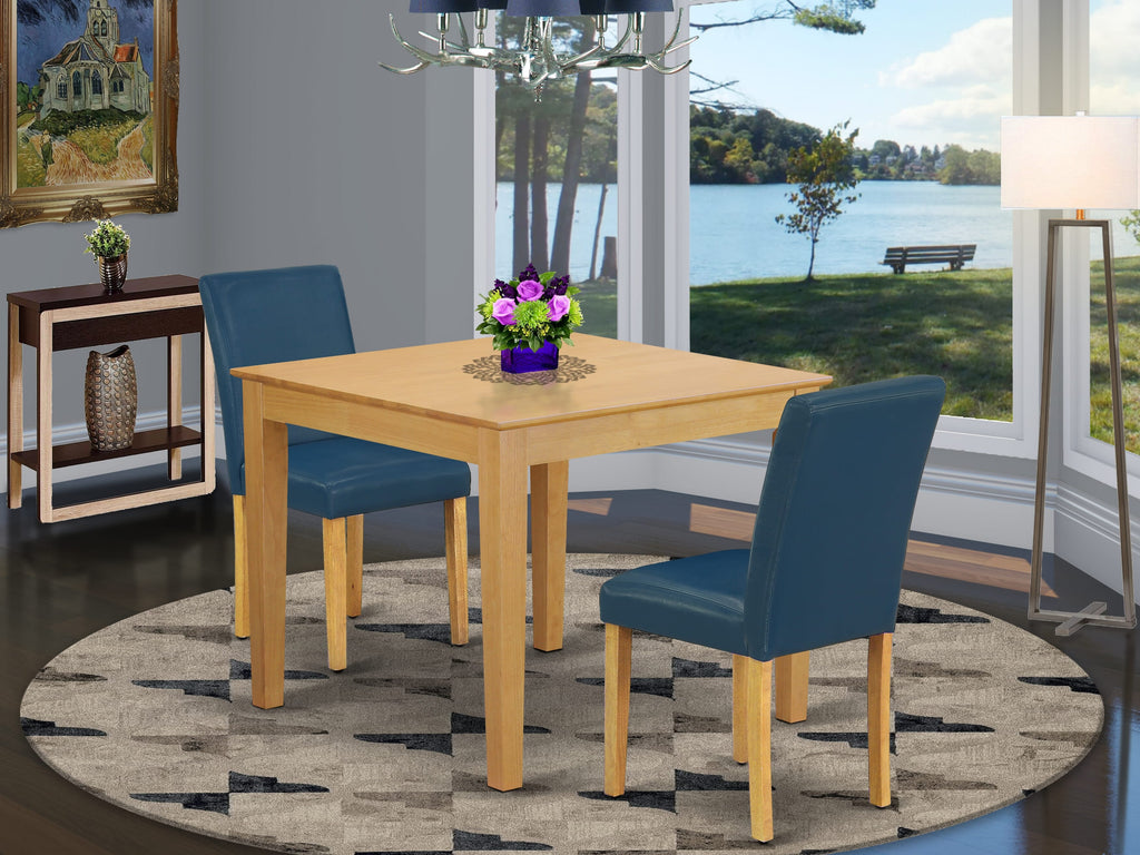 OXAB3-YHY-LR 3 Piece Dining Set with Square Table & Blue Chairs for Compact Areas, 36x36 Oak Finish
