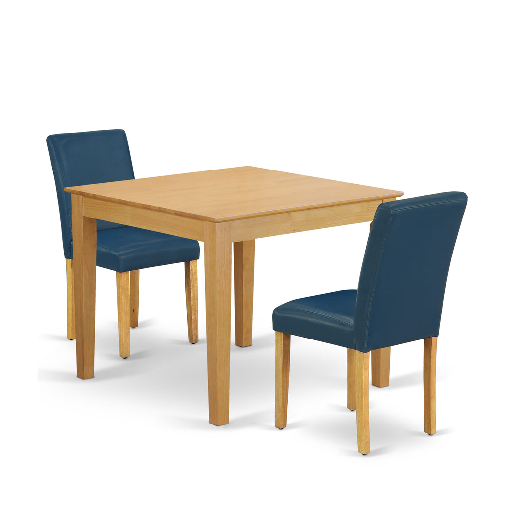 OXAB3-YHY-LR 3 Piece Dining Set with Square Table & Blue Chairs for Compact Areas, 36x36 Oak Finish