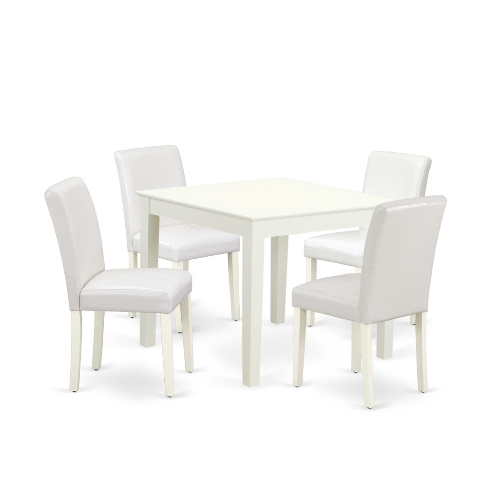 OXAB5-UHX-01 5-Piece Square Table with 4 White Faux Leather Chairs for Dining, 36x36, Modern Linen White Set