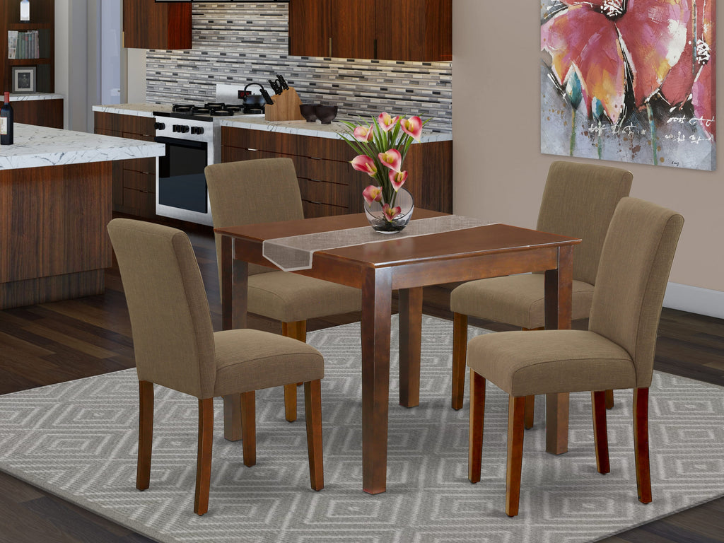OXAB5-D8J-MV Mahogany 5-Piece Dining Set Square Table & Four Linen Upholstered Coffee Parson Chairs