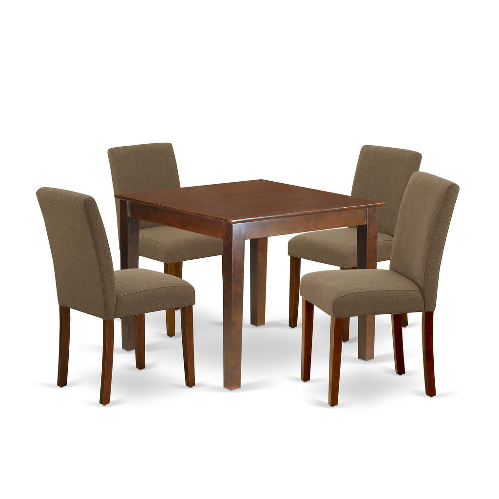 OXAB5-D8J-MV Mahogany 5-Piece Dining Set Square Table & Four Linen Upholstered Coffee Parson Chairs