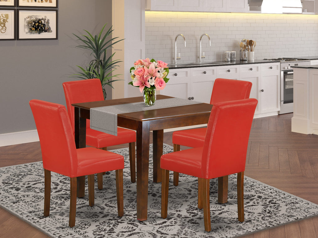 Compact 5-Piece Dining Ensemble OXAB5-1AW-54 with Square Table & Firebrick Parsons Chairs, Mahogany