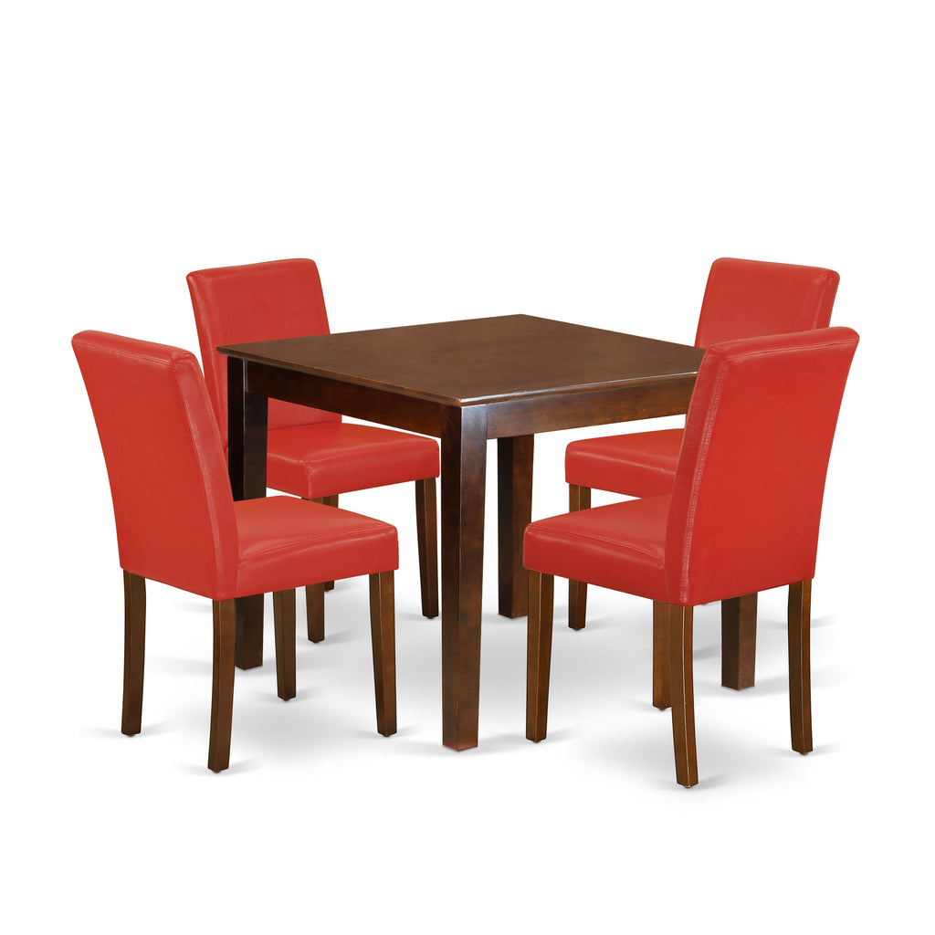 Compact 5-Piece Dining Ensemble OXAB5-1AW-54 with Square Table & Firebrick Parsons Chairs, Mahogany