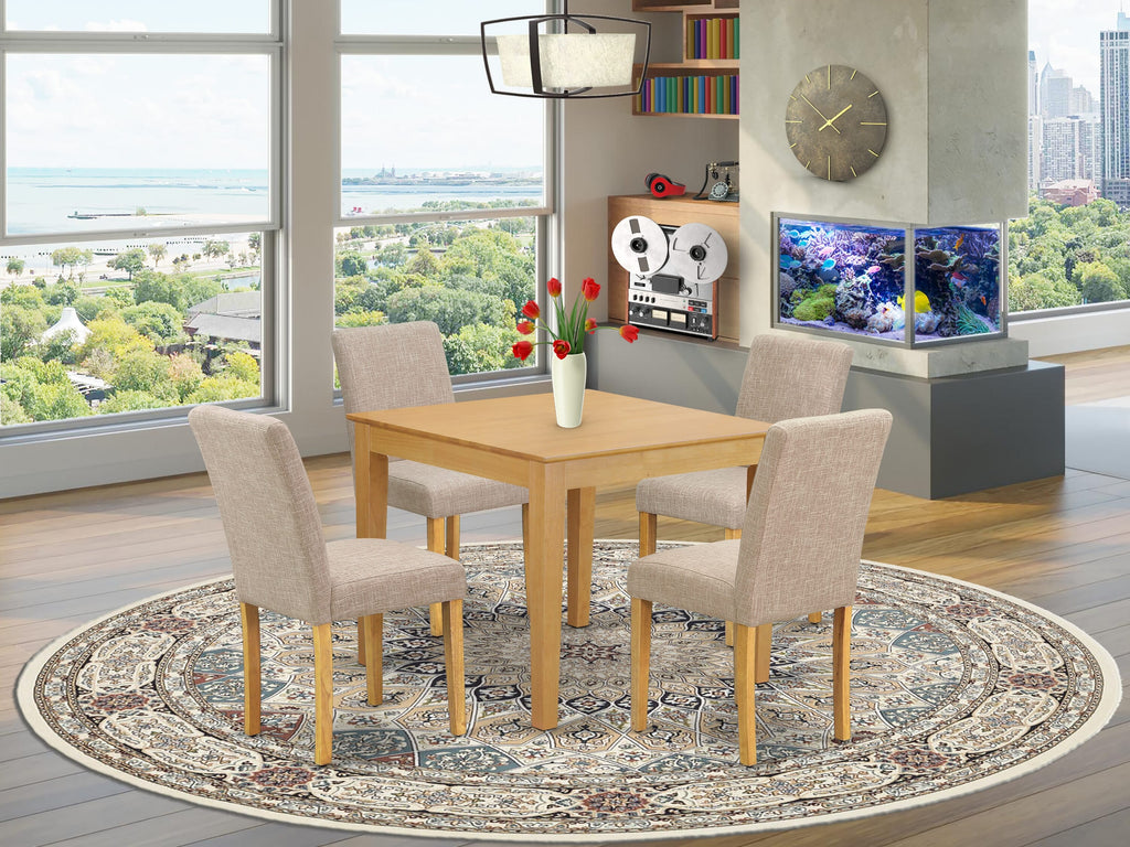 OXAB5-WJD-7G Set 5-Piece Dining Ensemble with Square Table and Fab Light Tan Seats, 36 Oak