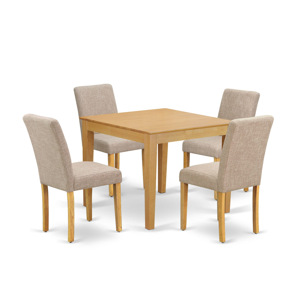 OXAB5-WJD-7G Set 5-Piece Dining Ensemble with Square Table and Fab Light Tan Seats, 36 Oak